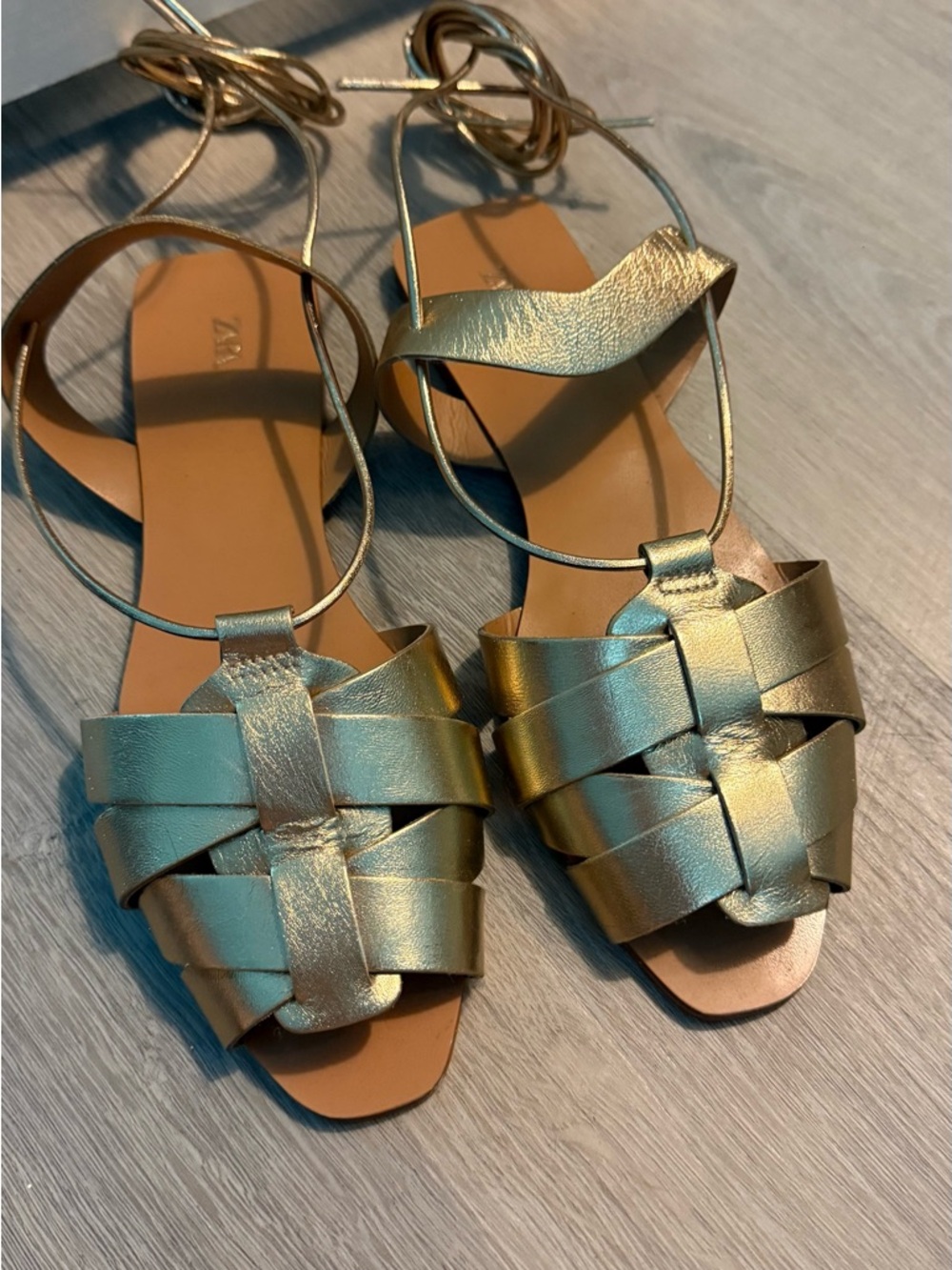 Zara Metallic Gold Woven Lace-Up Sandals